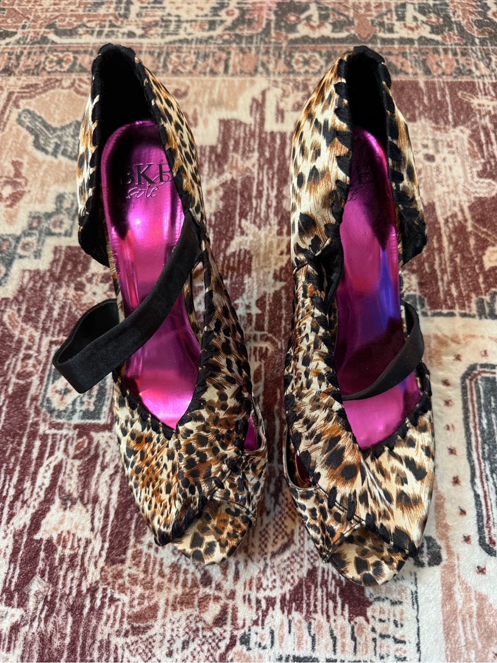 BKE Leopard Print Peep-Toe Heels with Black Strap and Pink Insole
